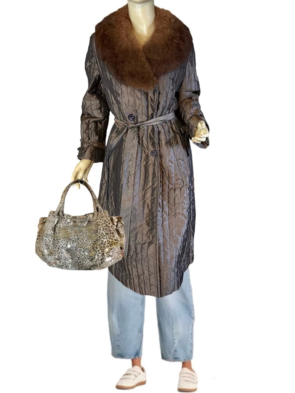 VINTAGE UNION MADE BROWN PUFFER COAT W/FUR COLLAR TRENCH COAT (L)